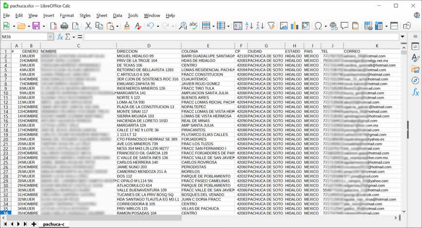 Archivo CSV con Paginas Blancas de pachuca