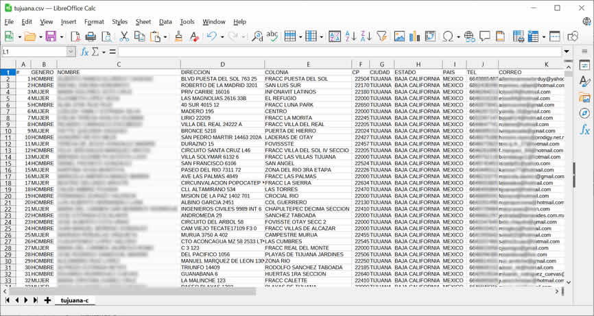 Archivo CSV con Paginas Blancas de Tijuana, BC